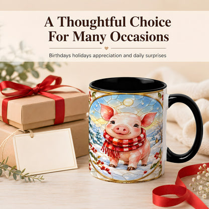 #pl[11oz|Black] Winter Pig Coffee Mug, Stained Glass Pig Mug, Ceramic Cup