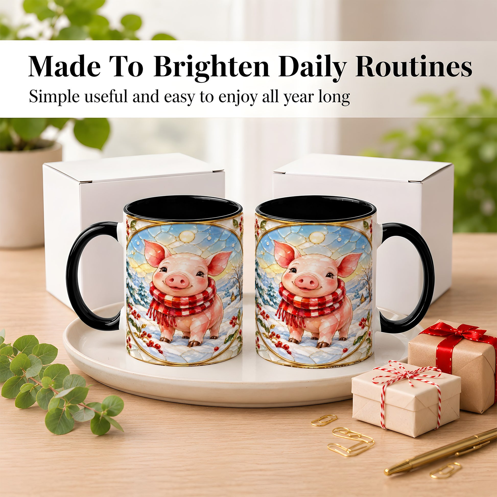 #pl[11oz|Black] Winter Pig Coffee Mug, Stained Glass Pig Mug, Ceramic Cup