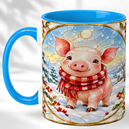 #pl[11oz|Blue] Winter Pig Coffee Mug, Stained Glass Pig Mug, Ceramic Cup