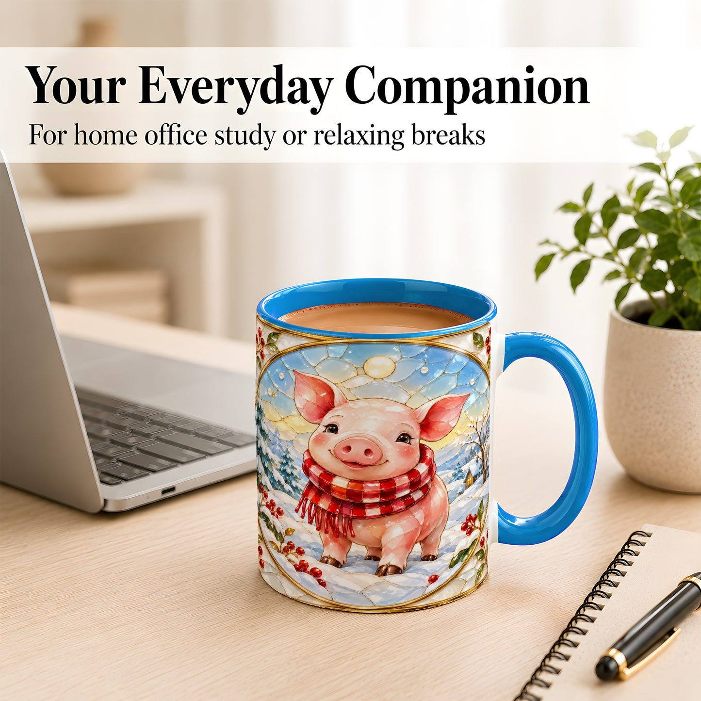 #pl[11oz|Blue] Winter Pig Coffee Mug, Stained Glass Pig Mug, Ceramic Cup
