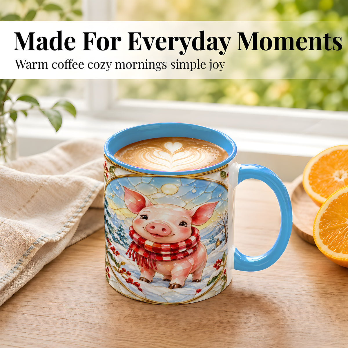 #pl[11oz|Blue] Winter Pig Coffee Mug, Stained Glass Pig Mug, Ceramic Cup