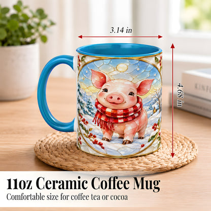 #pl[11oz|Blue] Winter Pig Coffee Mug, Stained Glass Pig Mug, Ceramic Cup