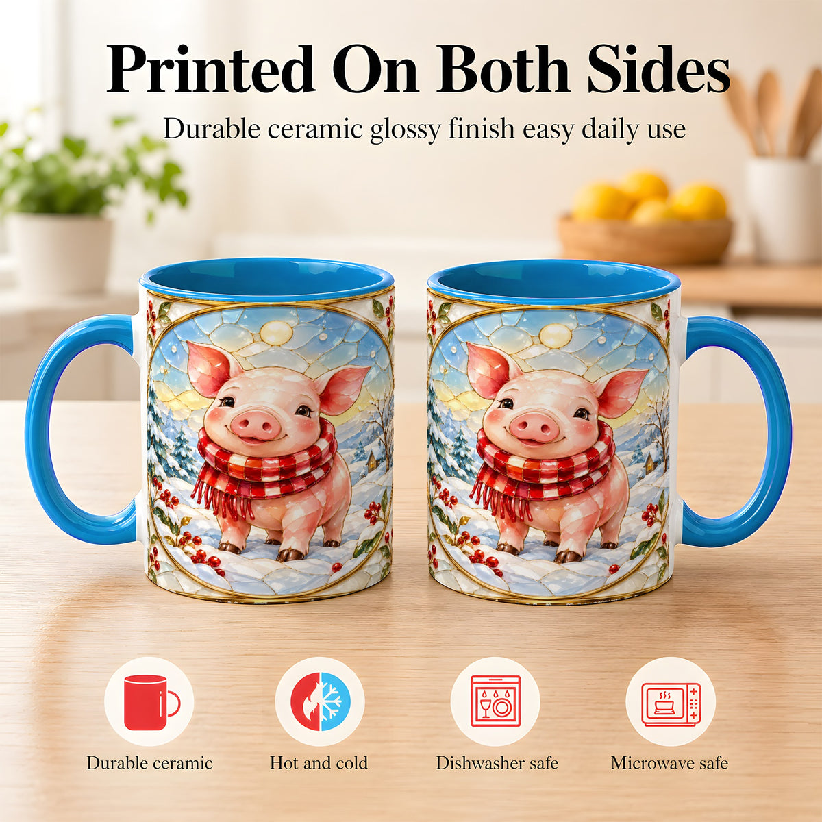 #pl[11oz|Blue] Winter Pig Coffee Mug, Stained Glass Pig Mug, Ceramic Cup