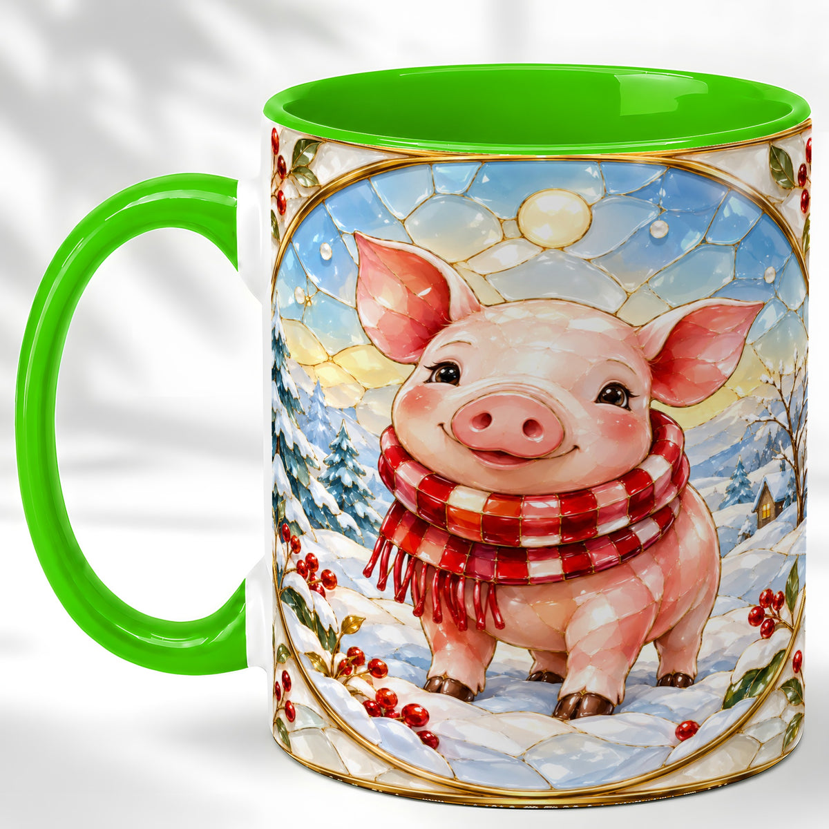#pl[11oz|Green] Winter Pig Coffee Mug, Stained Glass Pig Mug, Ceramic Cup