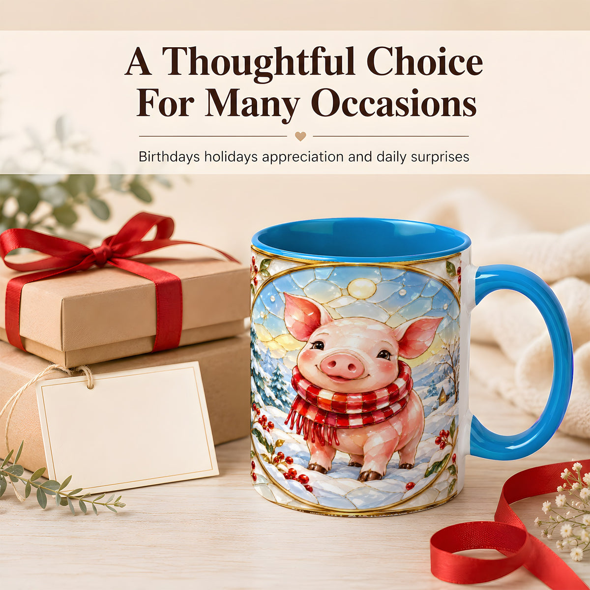#pl[11oz|Blue] Winter Pig Coffee Mug, Stained Glass Pig Mug, Ceramic Cup
