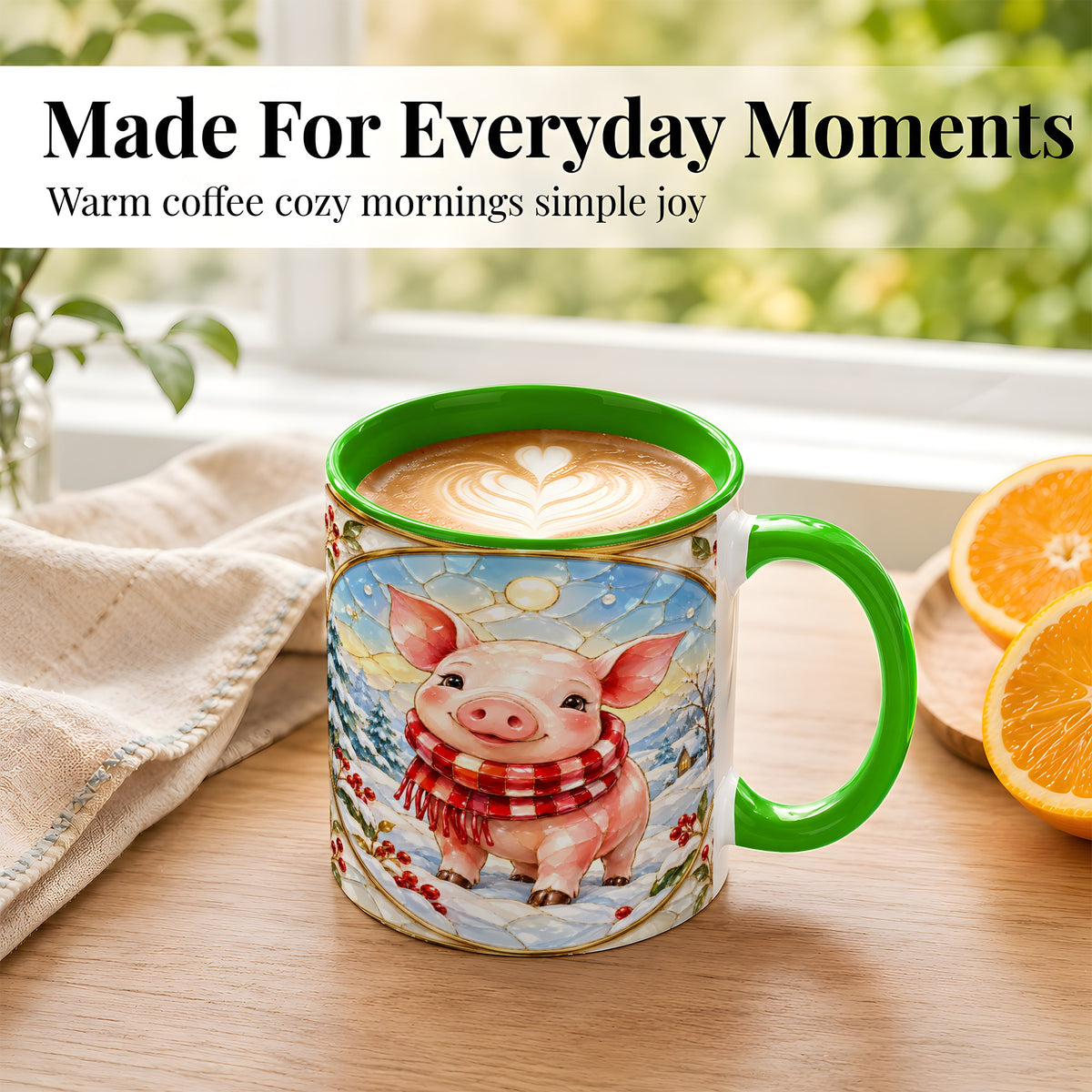 #pl[11oz|Green] Winter Pig Coffee Mug, Stained Glass Pig Mug, Ceramic Cup