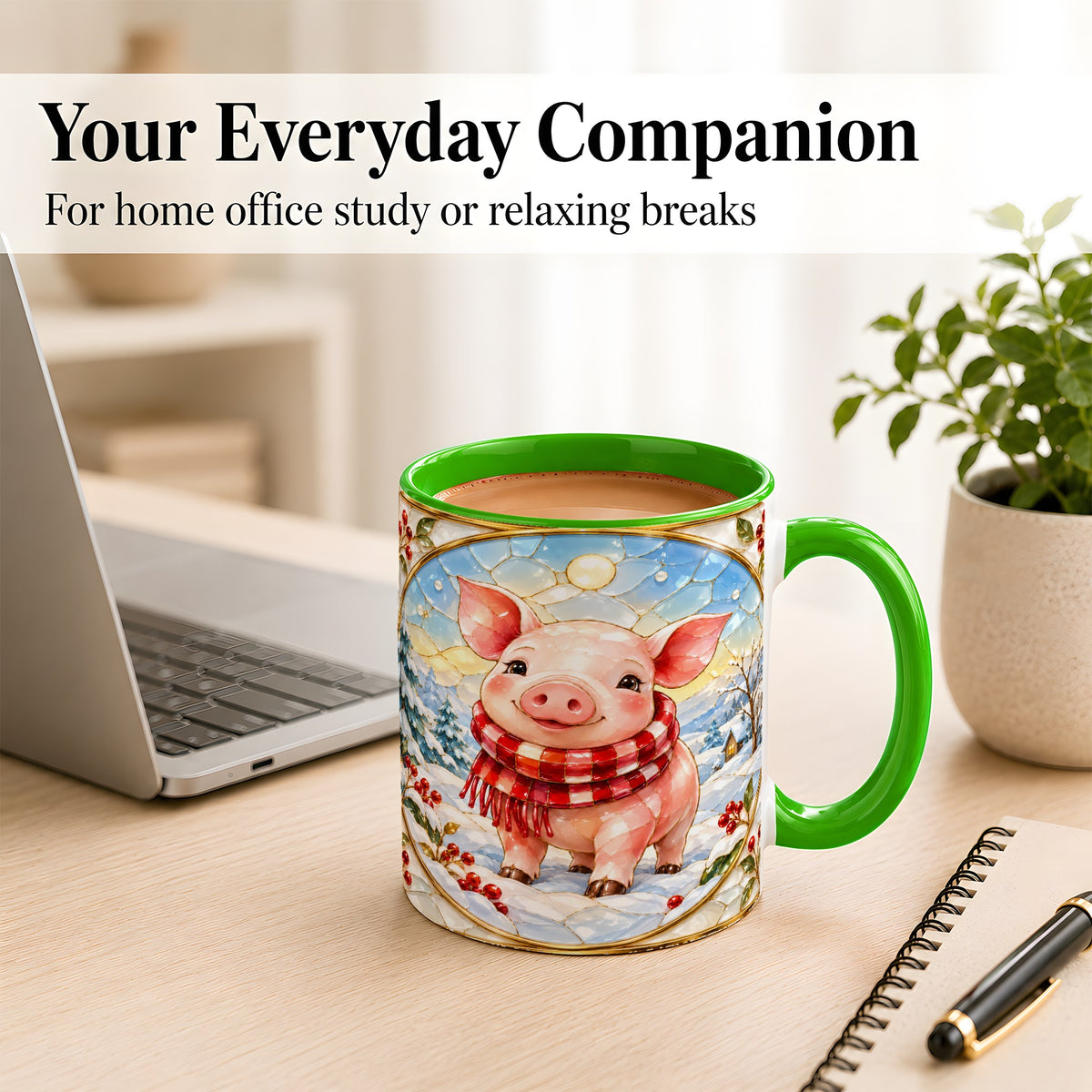 #pl[11oz|Green] Winter Pig Coffee Mug, Stained Glass Pig Mug, Ceramic Cup