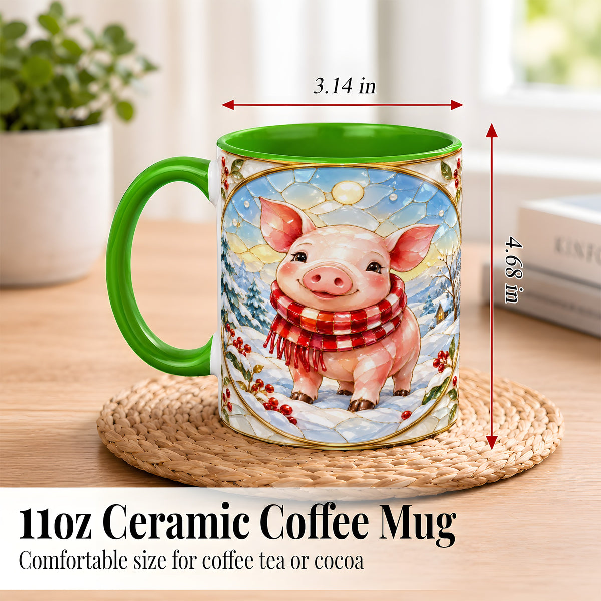 #pl[11oz|Green] Winter Pig Coffee Mug, Stained Glass Pig Mug, Ceramic Cup