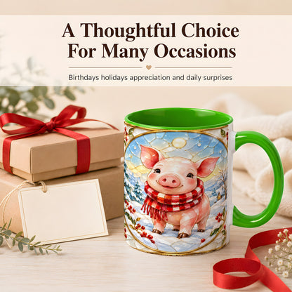 #pl[11oz|Green] Winter Pig Coffee Mug, Stained Glass Pig Mug, Ceramic Cup
