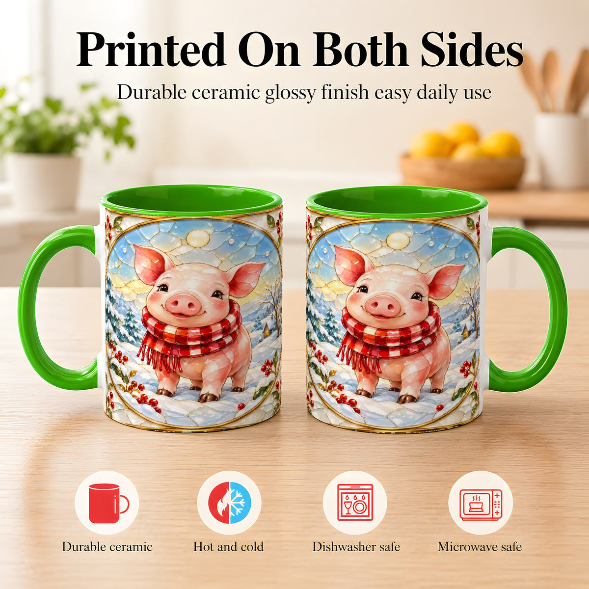 #pl[11oz|Green] Winter Pig Coffee Mug, Stained Glass Pig Mug, Ceramic Cup