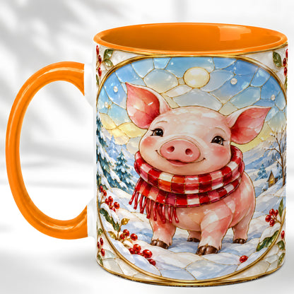 #pl[11oz|Orange] Winter Pig Coffee Mug, Stained Glass Pig Mug, Ceramic Cup