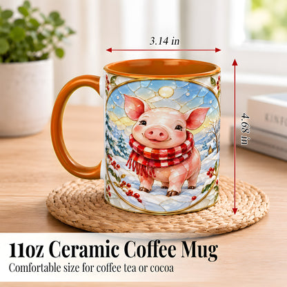 #pl[11oz|Orange] Winter Pig Coffee Mug, Stained Glass Pig Mug, Ceramic Cup