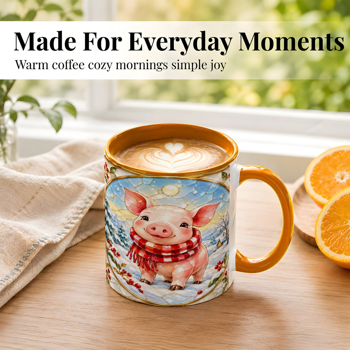 #pl[11oz|Orange] Winter Pig Coffee Mug, Stained Glass Pig Mug, Ceramic Cup