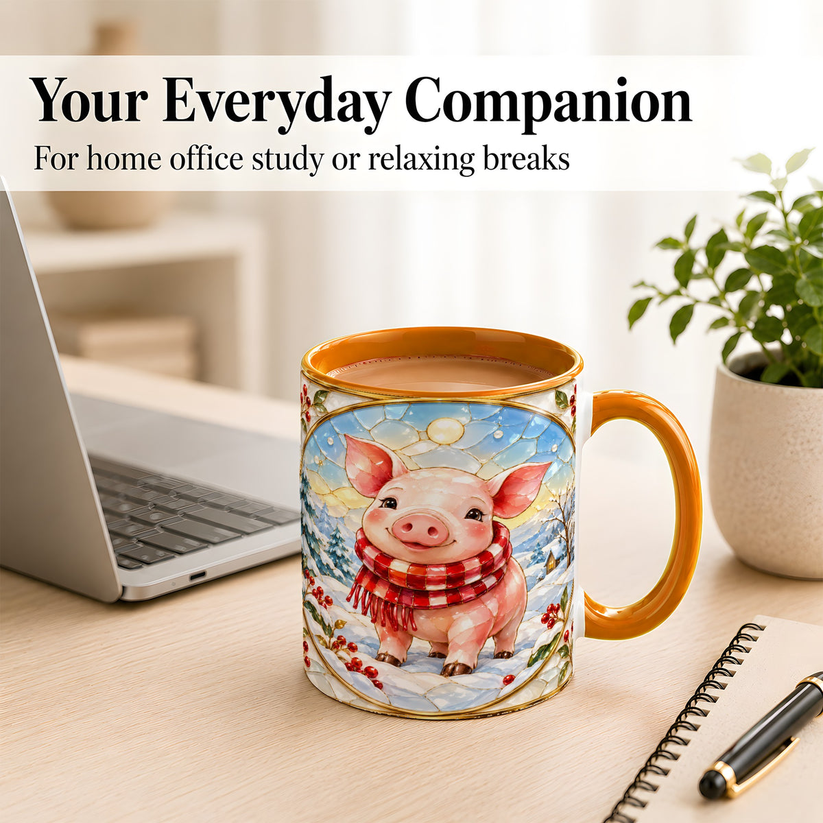 #pl[11oz|Orange] Winter Pig Coffee Mug, Stained Glass Pig Mug, Ceramic Cup