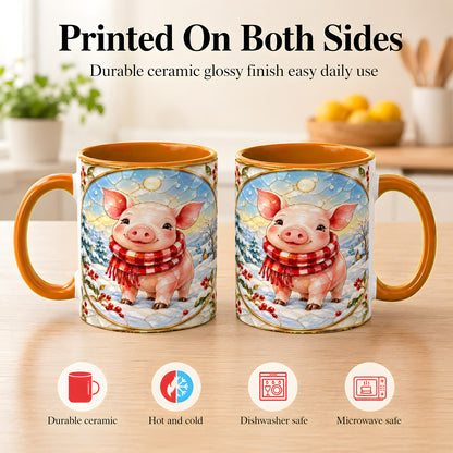 #pl[11oz|Orange] Winter Pig Coffee Mug, Stained Glass Pig Mug, Ceramic Cup