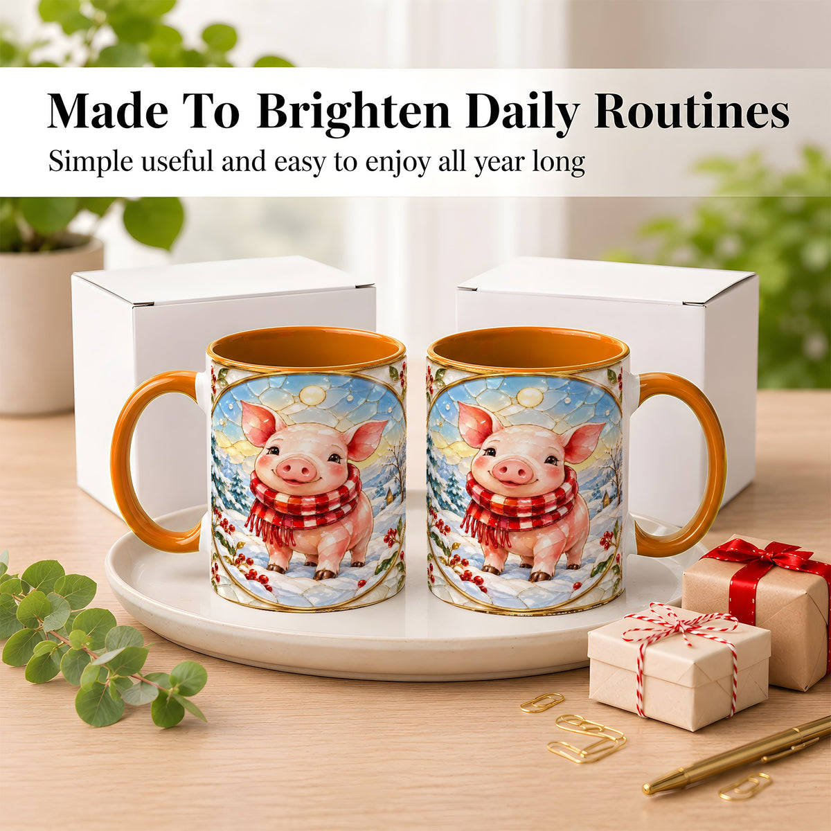 #pl[11oz|Orange] Winter Pig Coffee Mug, Stained Glass Pig Mug, Ceramic Cup