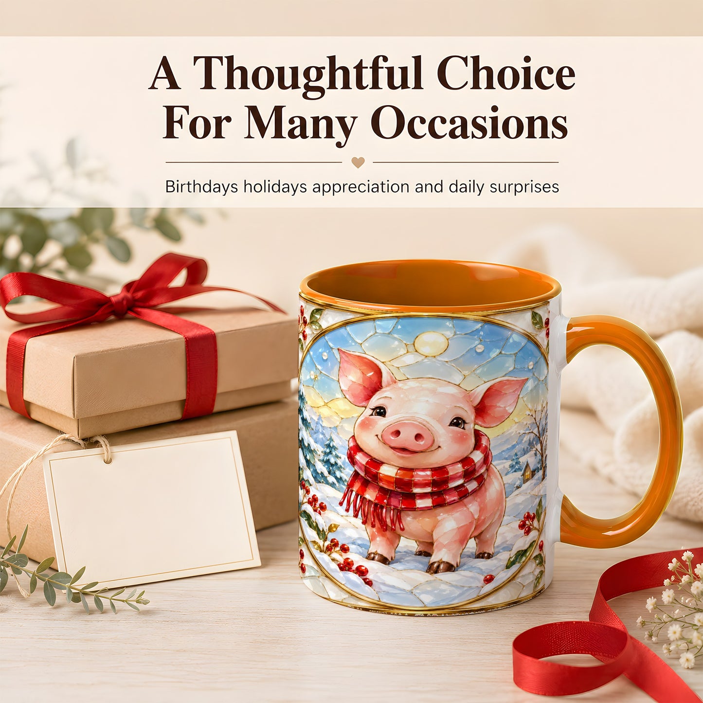 #pl[11oz|Orange] Winter Pig Coffee Mug, Stained Glass Pig Mug, Ceramic Cup