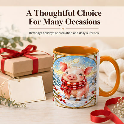 #pl[11oz|Orange] Winter Pig Coffee Mug, Stained Glass Pig Mug, Ceramic Cup