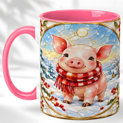 #pl[11oz|Pink] Winter Pig Coffee Mug, Stained Glass Pig Mug, Ceramic Cup