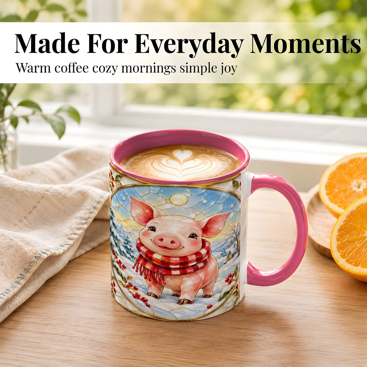 #pl[11oz|Pink] Winter Pig Coffee Mug, Stained Glass Pig Mug, Ceramic Cup
