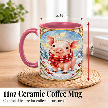 #pl[11oz|Pink] Winter Pig Coffee Mug, Stained Glass Pig Mug, Ceramic Cup