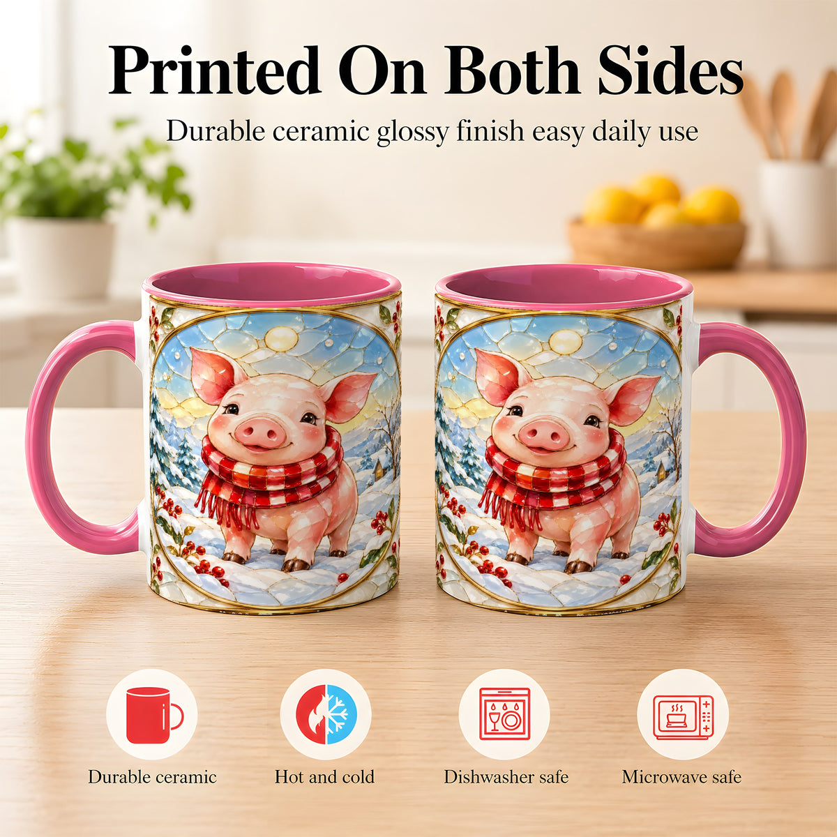 #pl[11oz|Pink] Winter Pig Coffee Mug, Stained Glass Pig Mug, Ceramic Cup