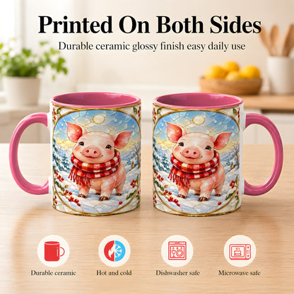 #pl[11oz|Pink] Winter Pig Coffee Mug, Stained Glass Pig Mug, Ceramic Cup