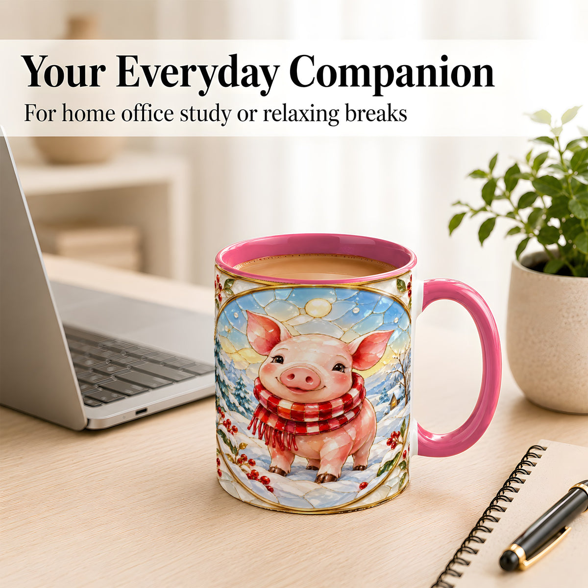 #pl[11oz|Pink] Winter Pig Coffee Mug, Stained Glass Pig Mug, Ceramic Cup