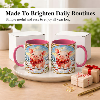 #pl[11oz|Pink] Winter Pig Coffee Mug, Stained Glass Pig Mug, Ceramic Cup