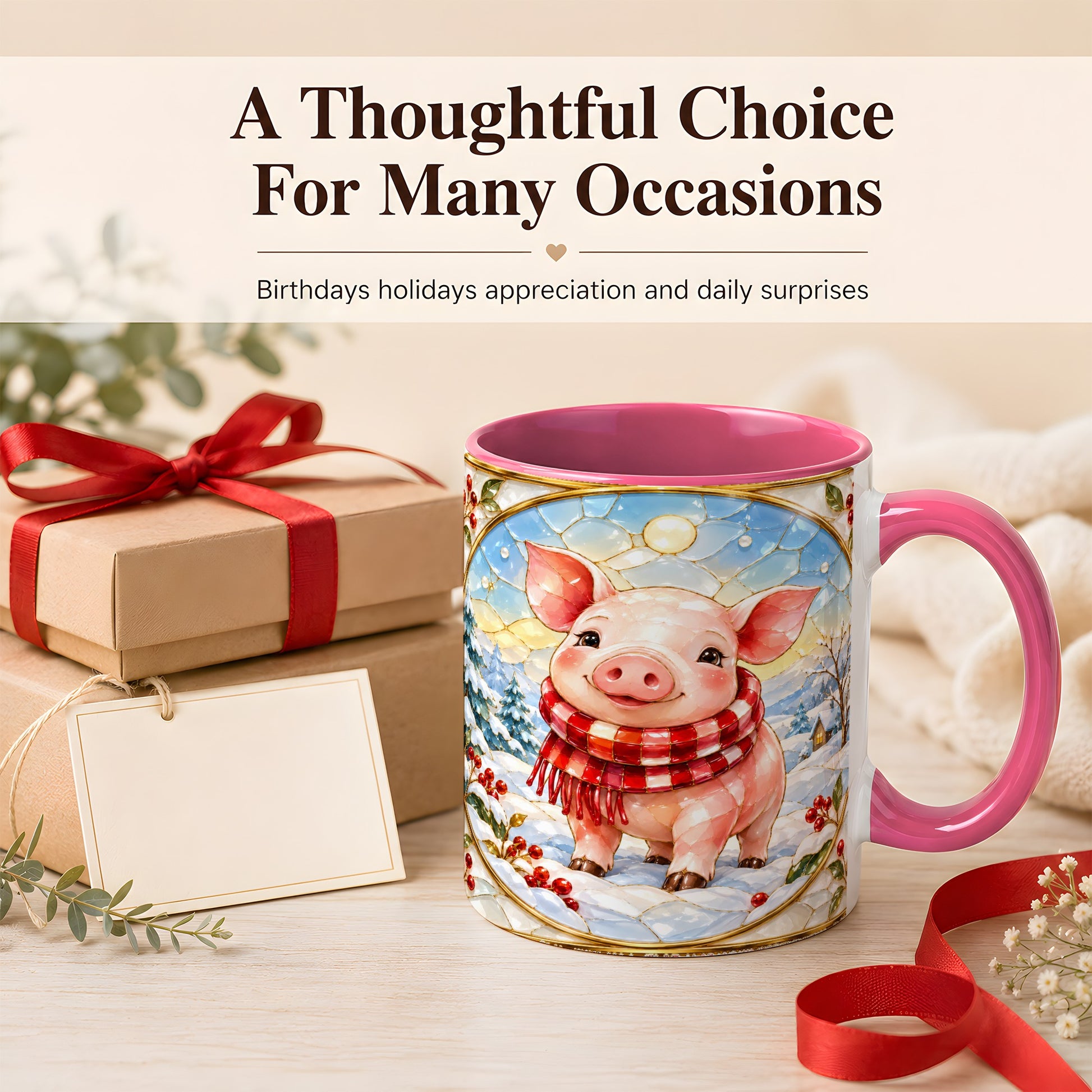 #pl[11oz|Pink] Winter Pig Coffee Mug, Stained Glass Pig Mug, Ceramic Cup