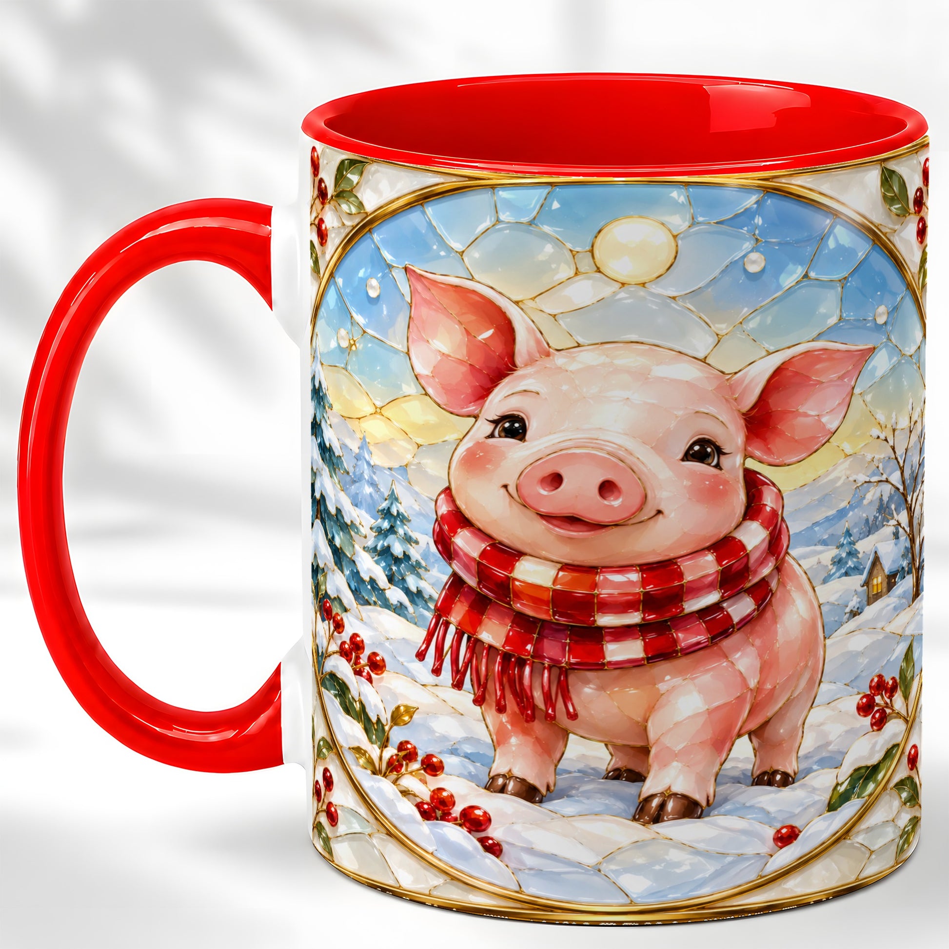 Winter Pig Coffee Mug, Stained Glass Pig Mug, Ceramic Cup