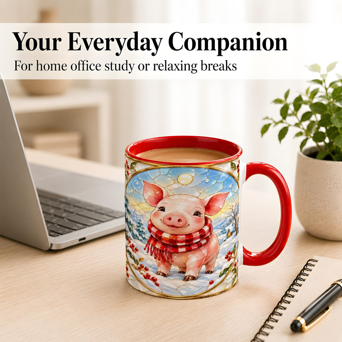 #pl[11oz|Red] Winter Pig Coffee Mug, Stained Glass Pig Mug, Ceramic Cup