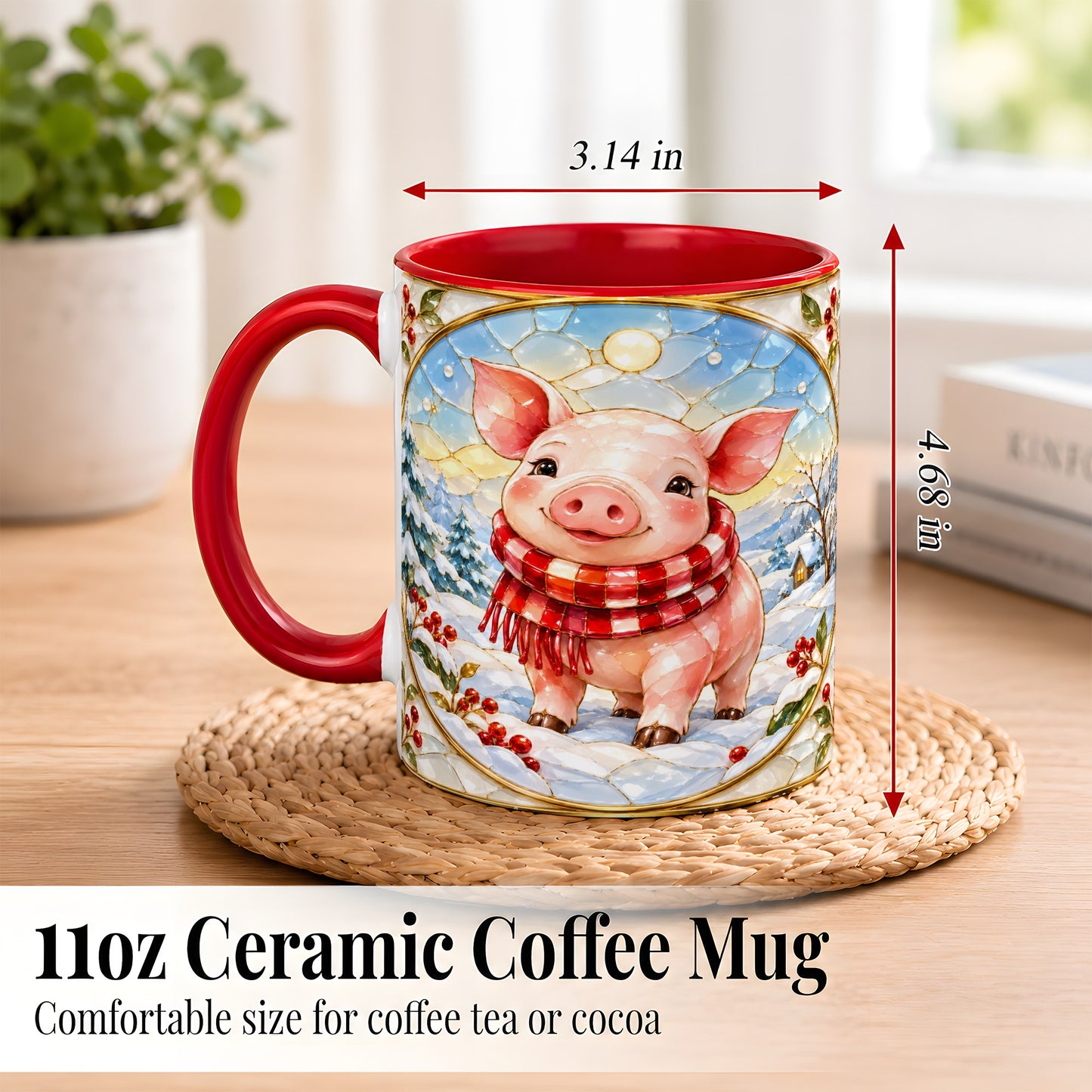 #pl[11oz|Red] Winter Pig Coffee Mug, Stained Glass Pig Mug, Ceramic Cup