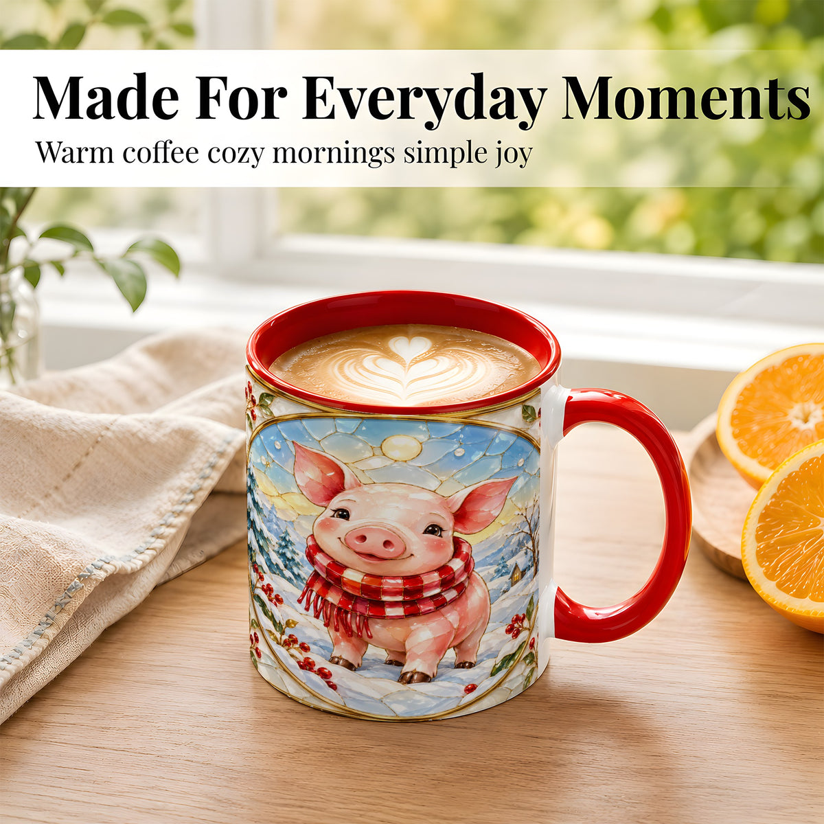 #pl[11oz|Red] Winter Pig Coffee Mug, Stained Glass Pig Mug, Ceramic Cup