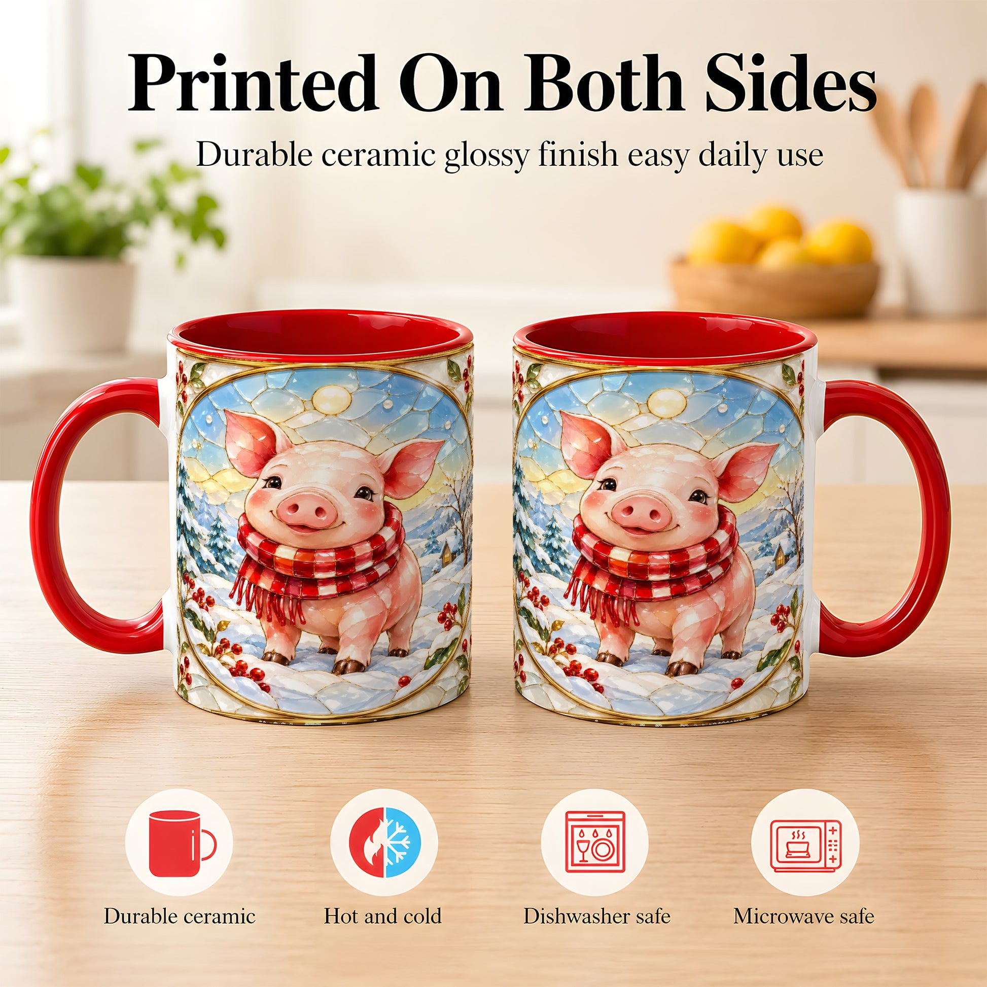 #pl[11oz|Red] Winter Pig Coffee Mug, Stained Glass Pig Mug, Ceramic Cup