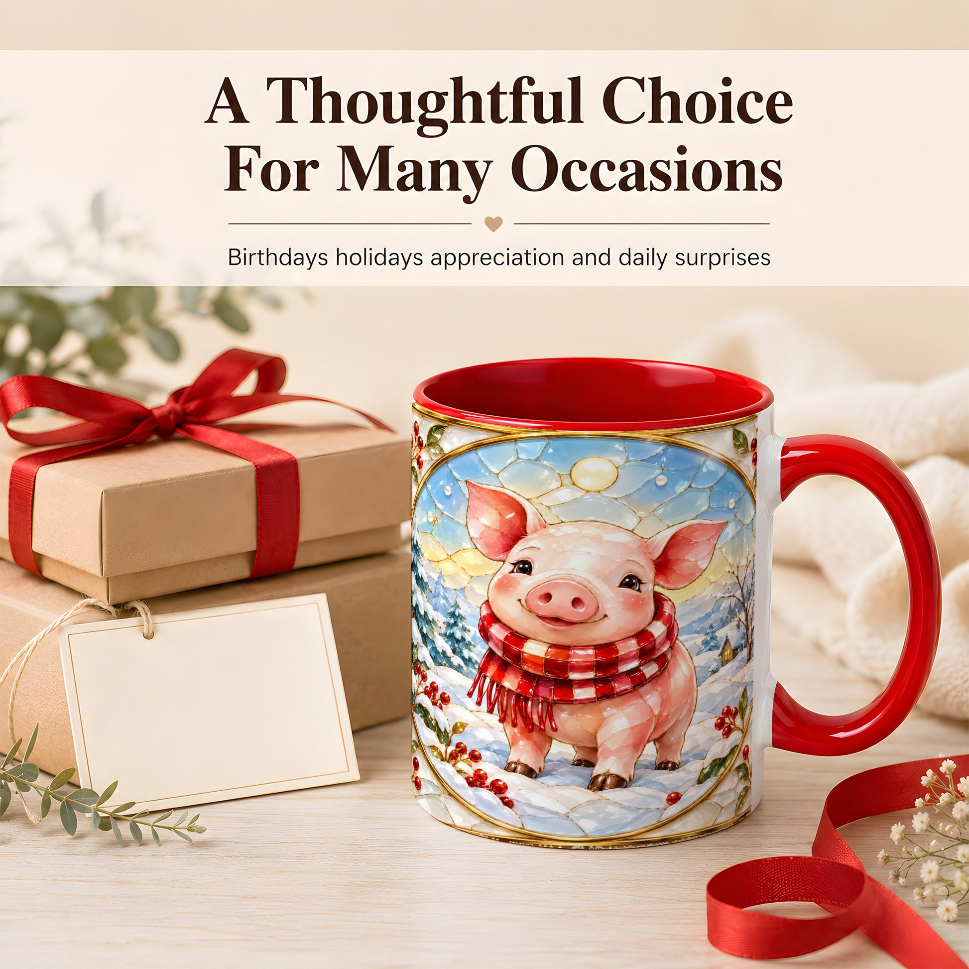 #pl[11oz|Red] Winter Pig Coffee Mug, Stained Glass Pig Mug, Ceramic Cup