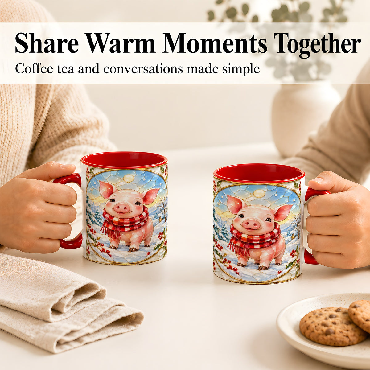 #pl[11oz|Red] Winter Pig Coffee Mug, Stained Glass Pig Mug, Ceramic Cup
