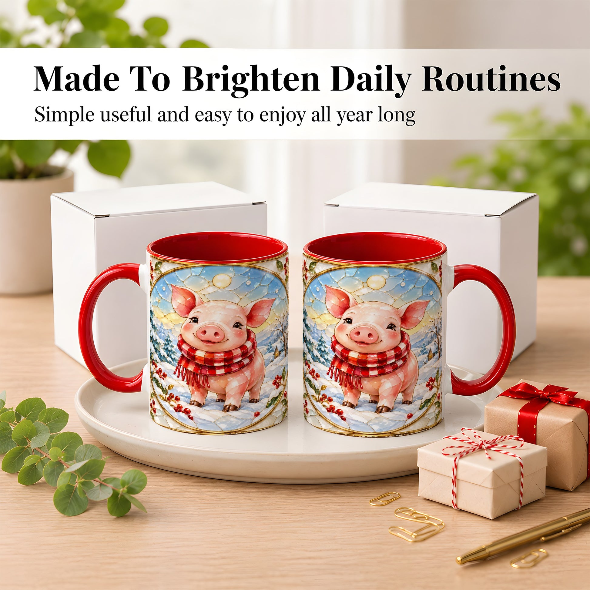 #pl[11oz|Red] Winter Pig Coffee Mug, Stained Glass Pig Mug, Ceramic Cup