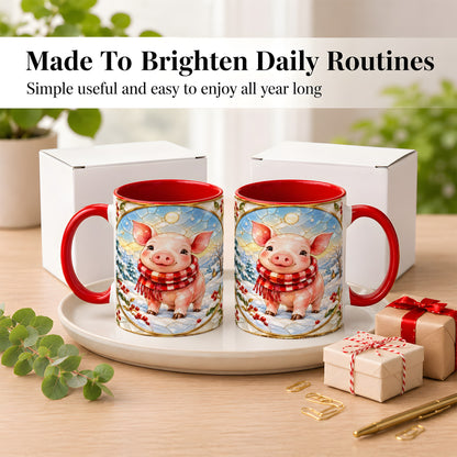 #pl[11oz|Red] Winter Pig Coffee Mug, Stained Glass Pig Mug, Ceramic Cup