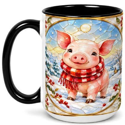 #pl[15oz|Black] Winter Pig Coffee Mug, Stained Glass Pig Mug, Ceramic Cup
