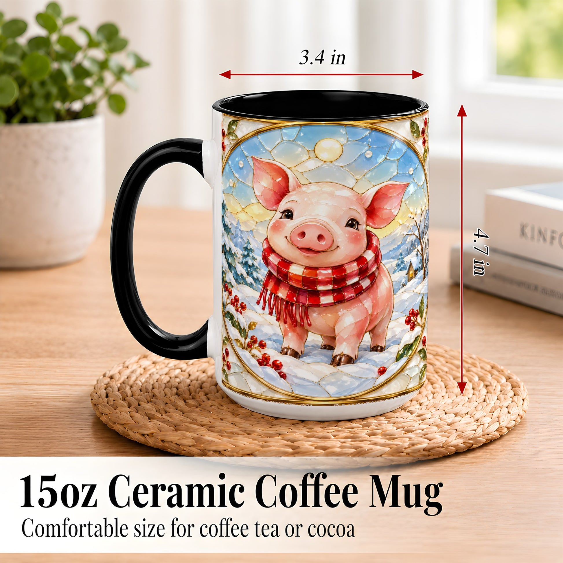 #pl[15oz|Black] Winter Pig Coffee Mug, Stained Glass Pig Mug, Ceramic Cup