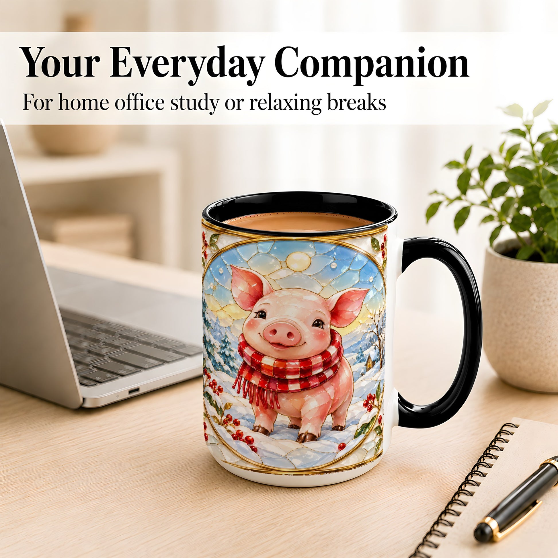 #pl[15oz|Black] Winter Pig Coffee Mug, Stained Glass Pig Mug, Ceramic Cup