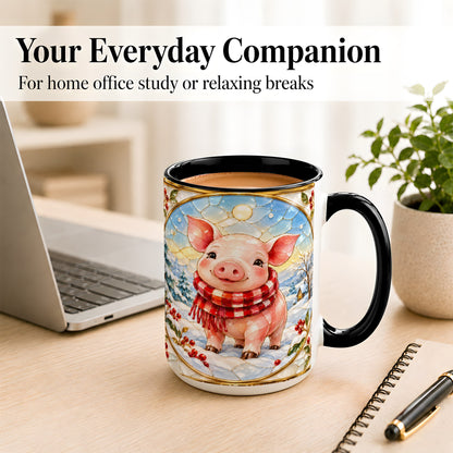 #pl[15oz|Black] Winter Pig Coffee Mug, Stained Glass Pig Mug, Ceramic Cup