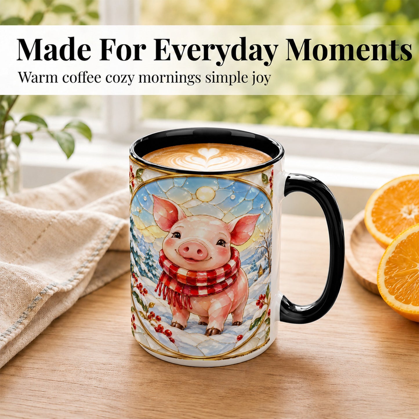 #pl[15oz|Black] Winter Pig Coffee Mug, Stained Glass Pig Mug, Ceramic Cup