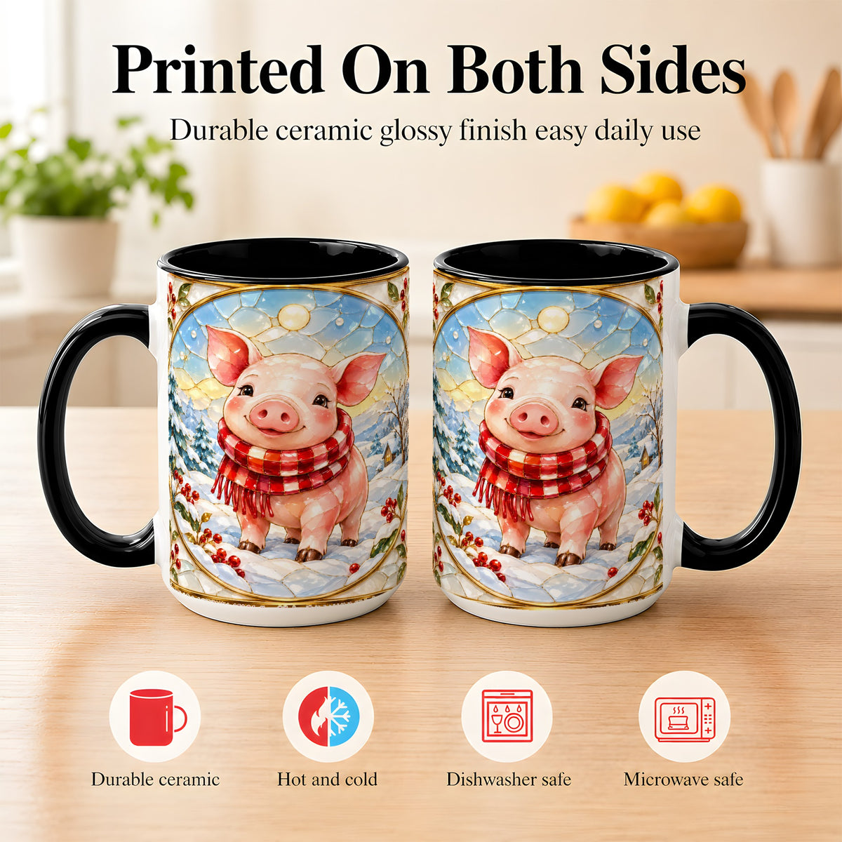#pl[15oz|Black] Winter Pig Coffee Mug, Stained Glass Pig Mug, Ceramic Cup