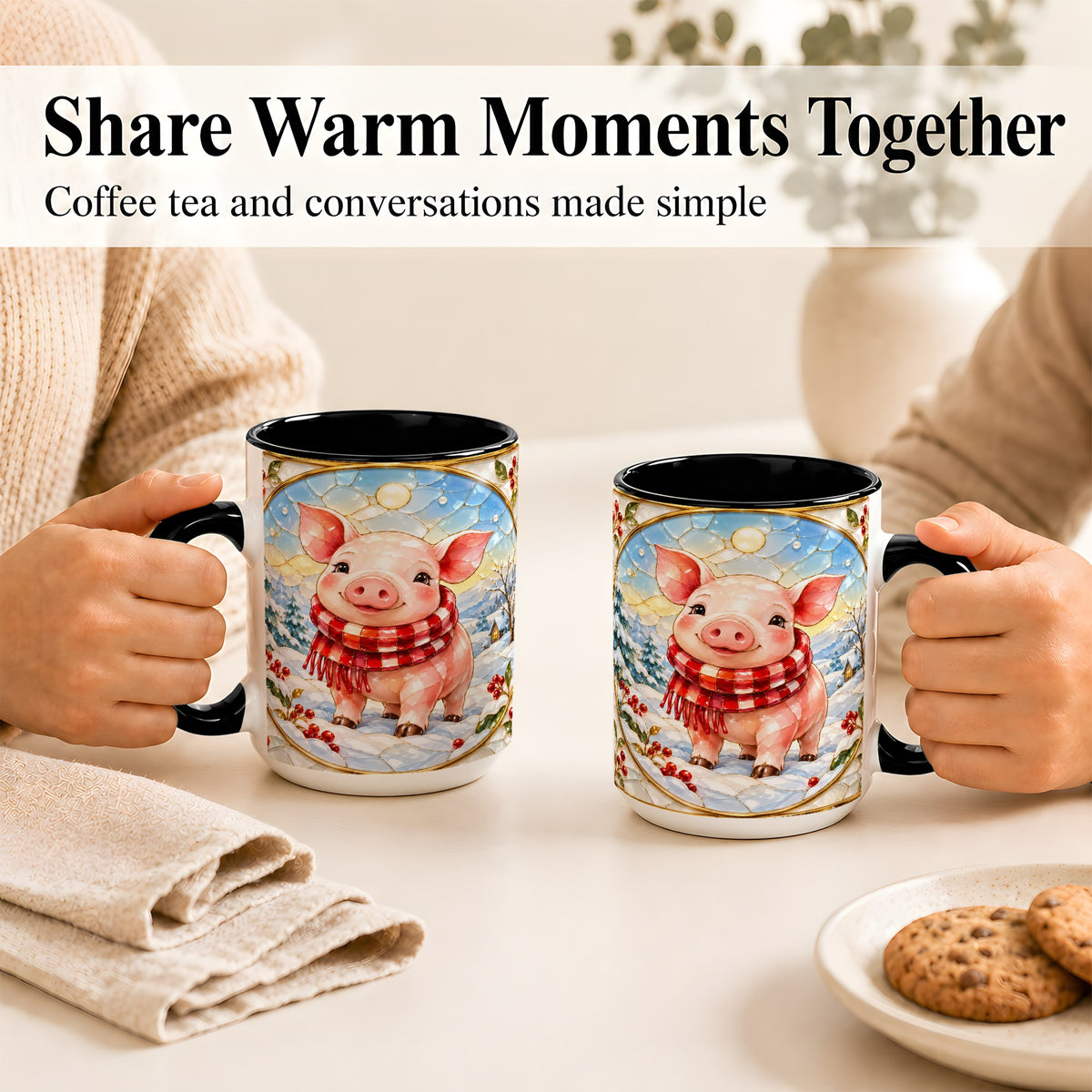 #pl[15oz|Black] Winter Pig Coffee Mug, Stained Glass Pig Mug, Ceramic Cup