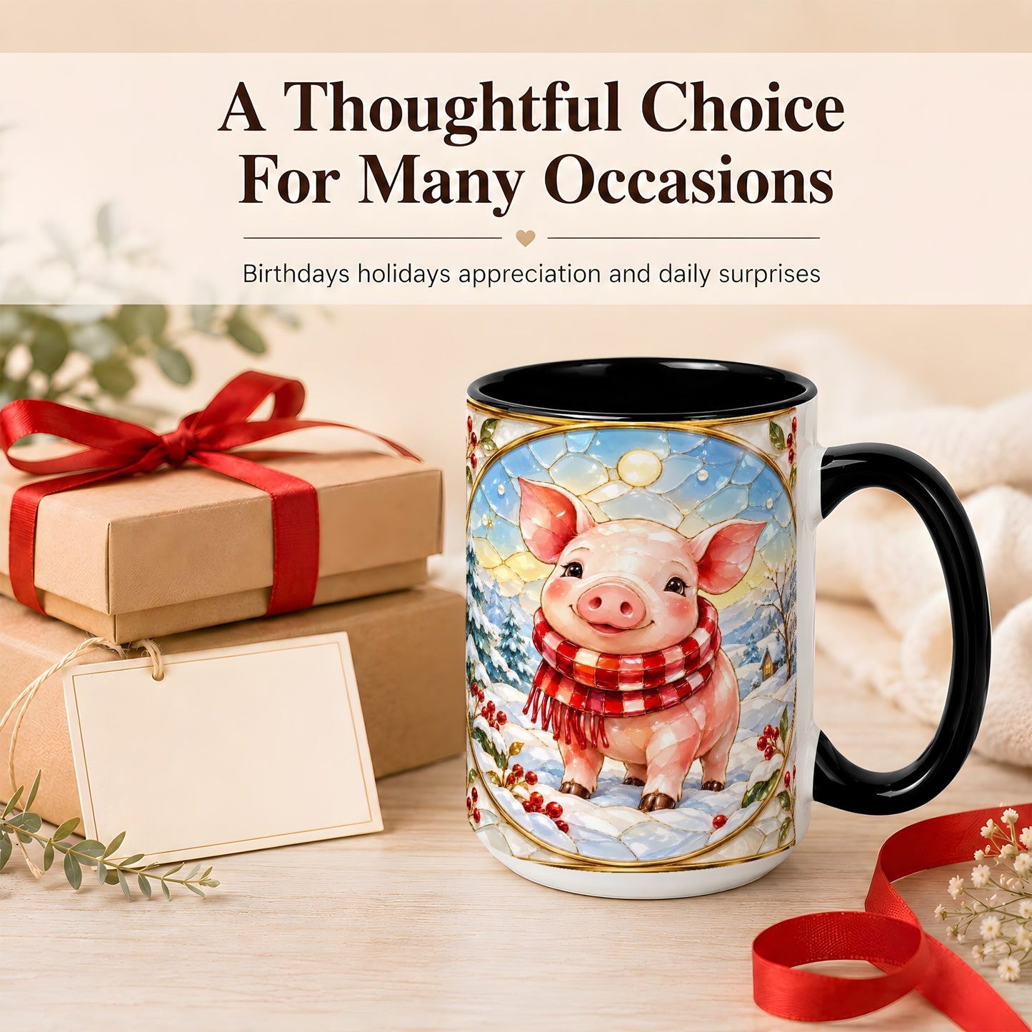 #pl[15oz|Black] Winter Pig Coffee Mug, Stained Glass Pig Mug, Ceramic Cup