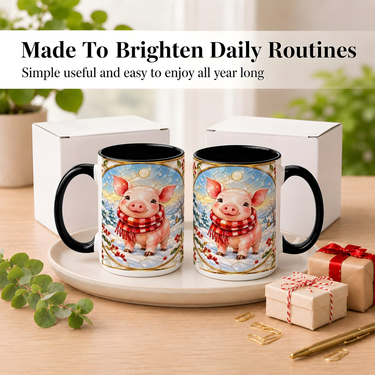 #pl[15oz|Black] Winter Pig Coffee Mug, Stained Glass Pig Mug, Ceramic Cup