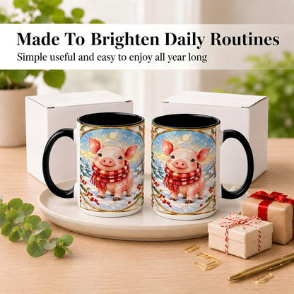 #pl[15oz|Black] Winter Pig Coffee Mug, Stained Glass Pig Mug, Ceramic Cup