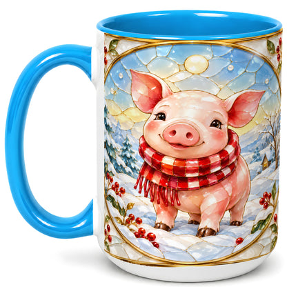 #pl[15oz|Blue] Winter Pig Coffee Mug, Stained Glass Pig Mug, Ceramic Cup